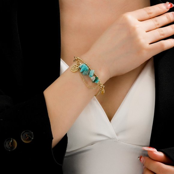 3/$35 Boho Turquoise Stones Charm Bracelet Gold Chain Layered Stainless Steel - Picture 1 of 6